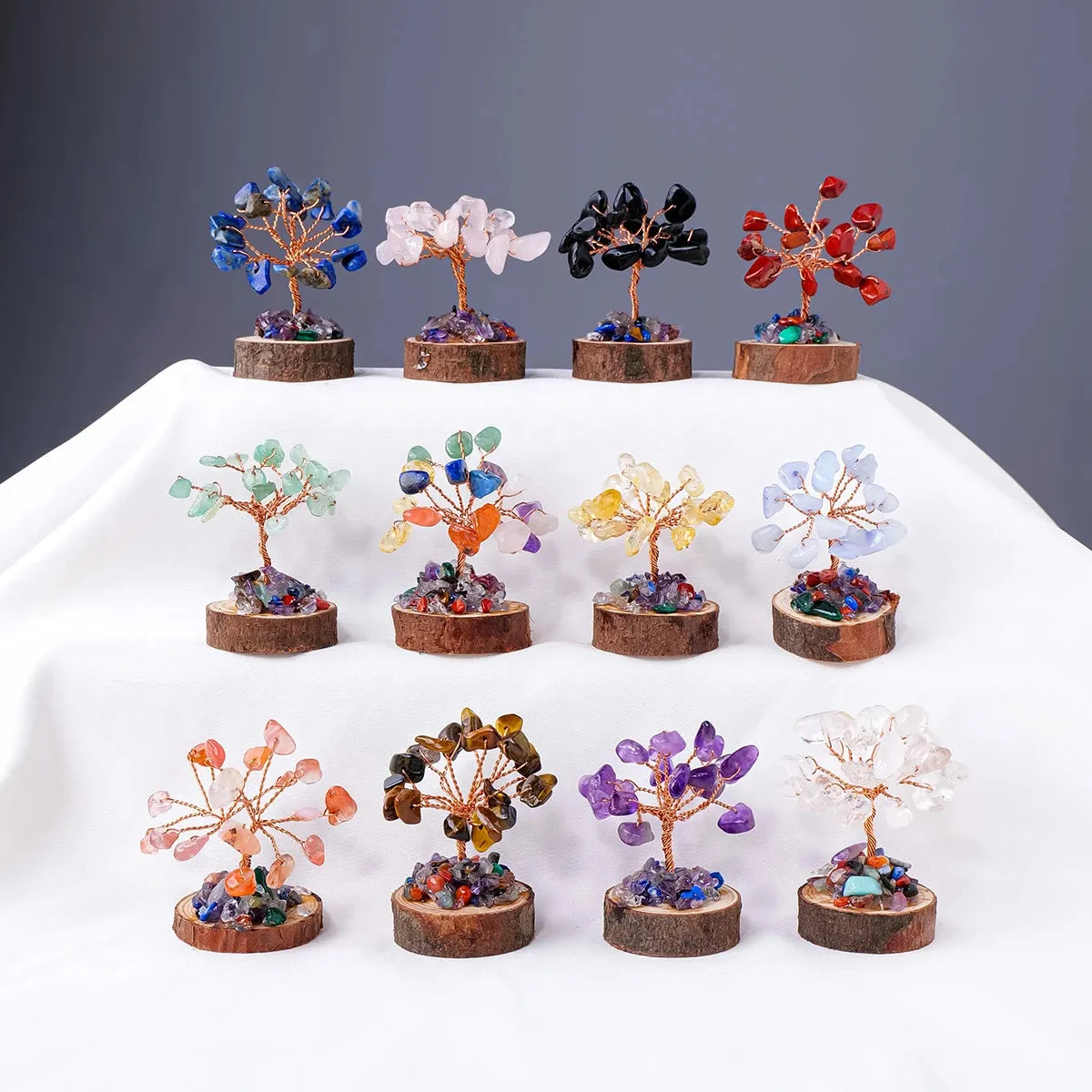 12pcs Small Natural Crystal Tree Of Life Wood Base Set