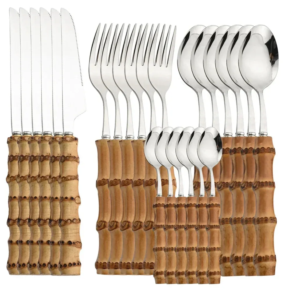 24Pcs Bamboo Tableware Sets Stainl