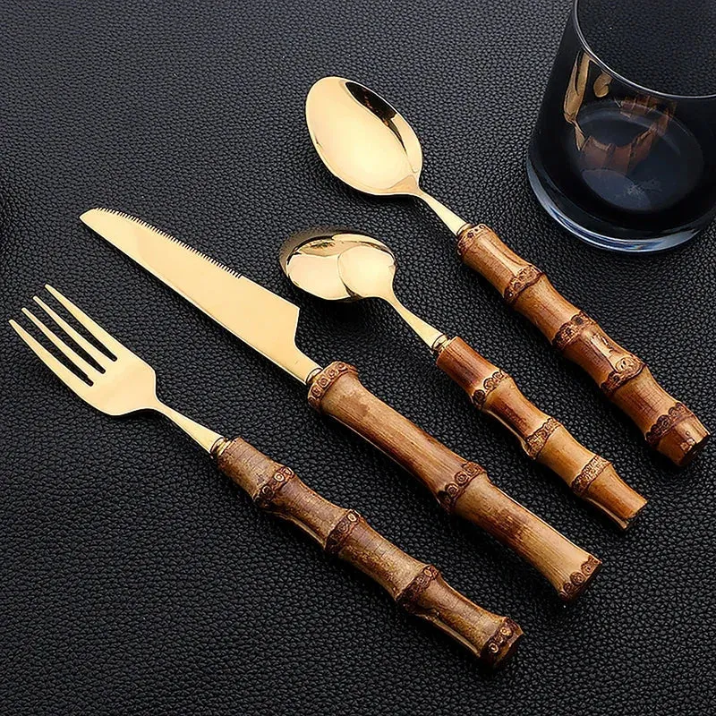 24Pcs Bamboo Tableware Sets Stainl