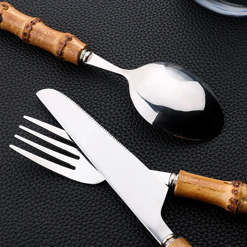 24Pcs Bamboo Tableware Sets Stainl