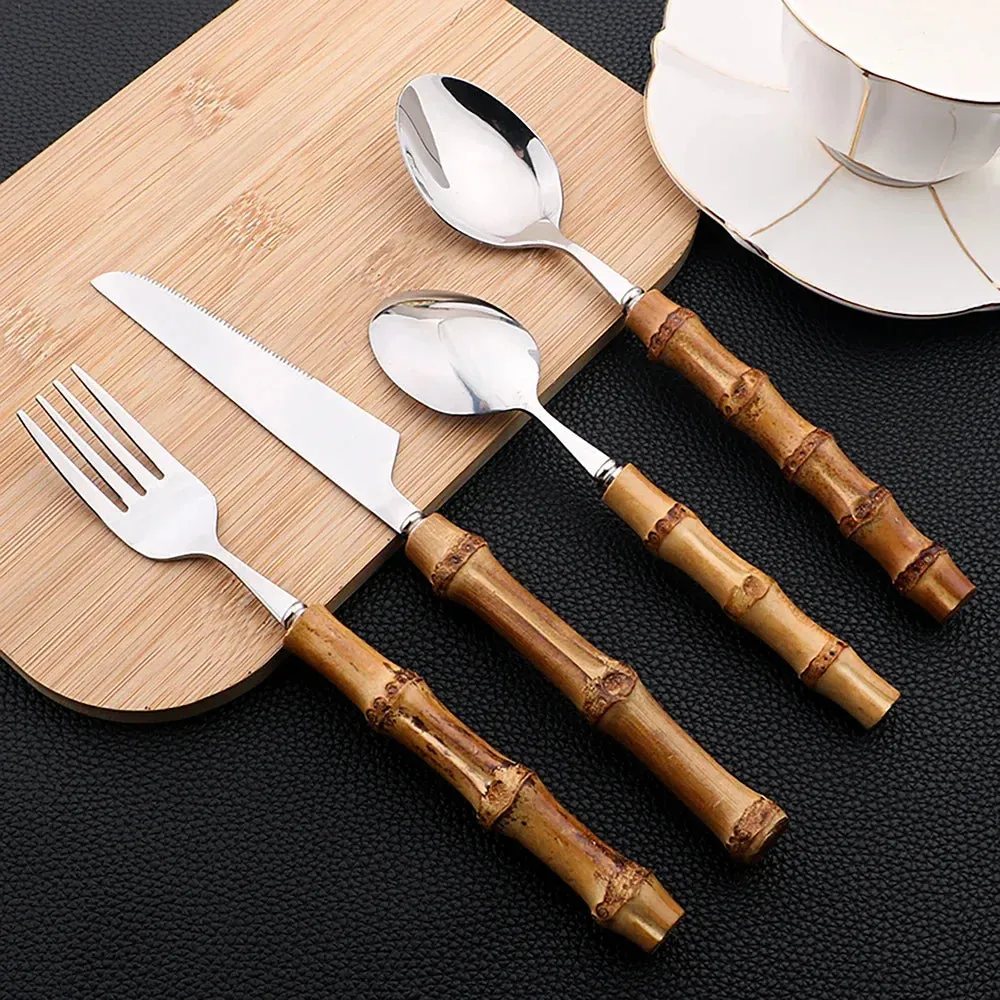 24Pcs Bamboo Tableware Sets Stainl