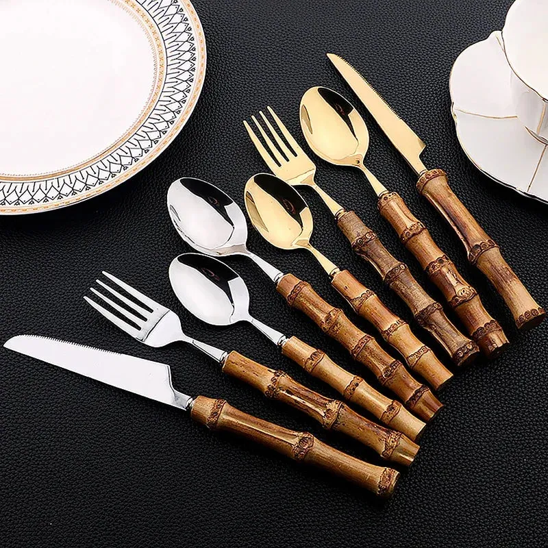 24Pcs Bamboo Tableware Sets Stainl