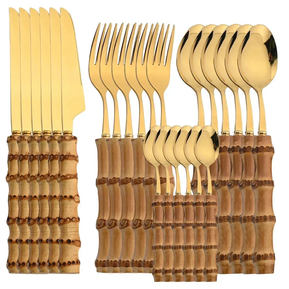 24Pcs Bamboo Tableware Sets Stainl