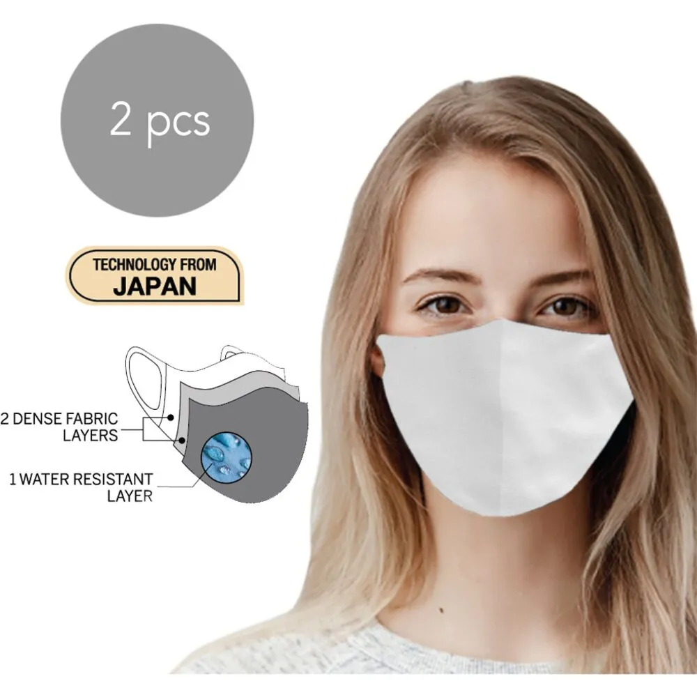 3-Layers Cloth Face Masks - White Color (Large Size) - Breathable, Water-Resistant, Multi-Use - Pack of 2