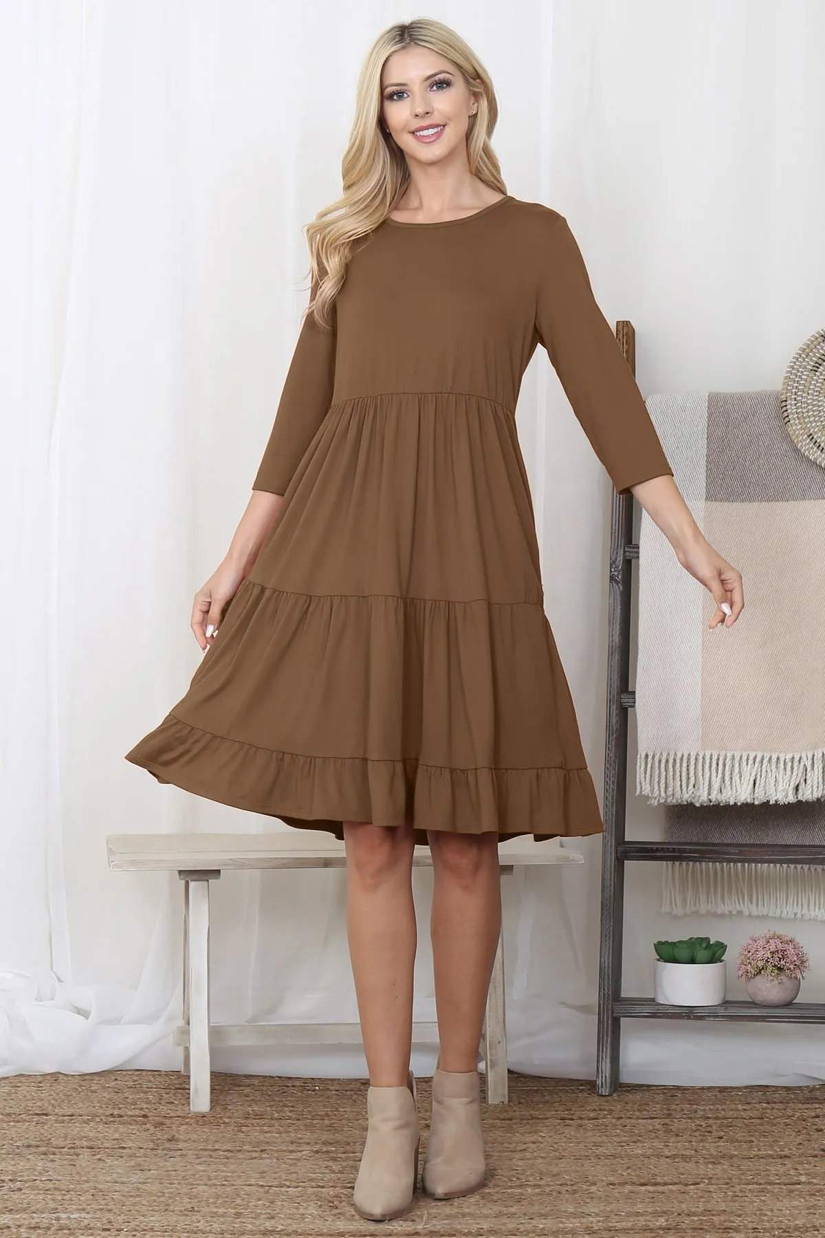 3/4 Sleeve Tiered Solid Dress