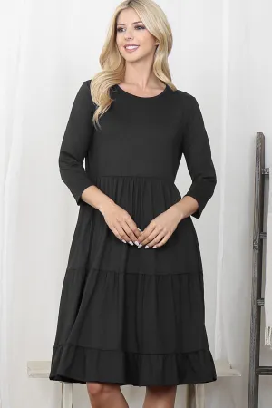 3/4 Sleeve Tiered Solid Dress