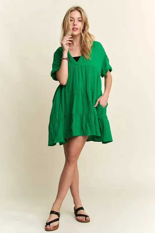 ADORA Tiered Notched Short Sleeve Dress