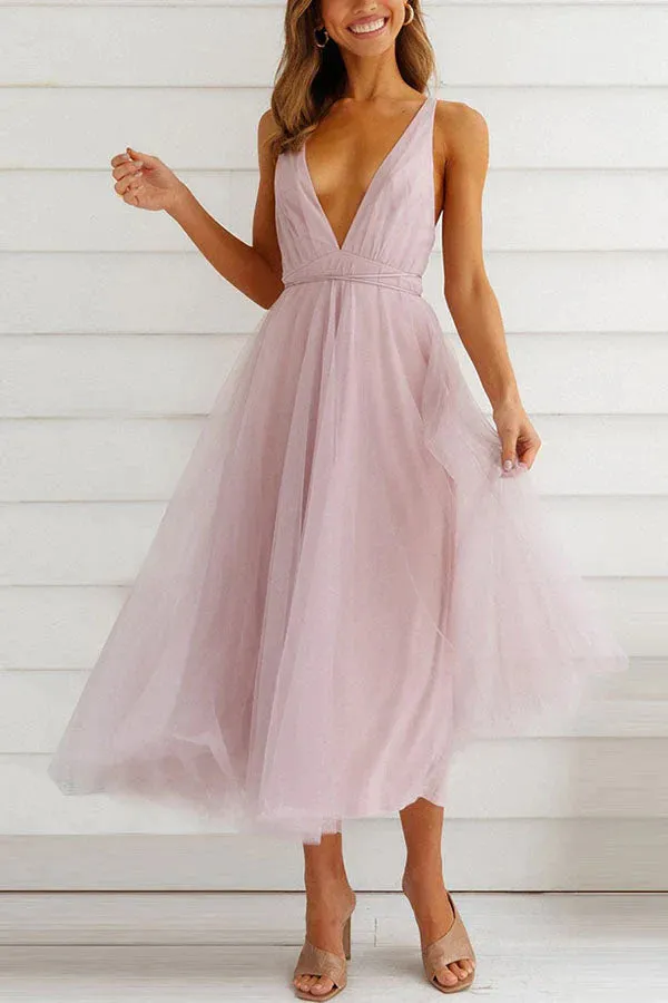 Alena - Romantic tulle midi dress with V-neckline