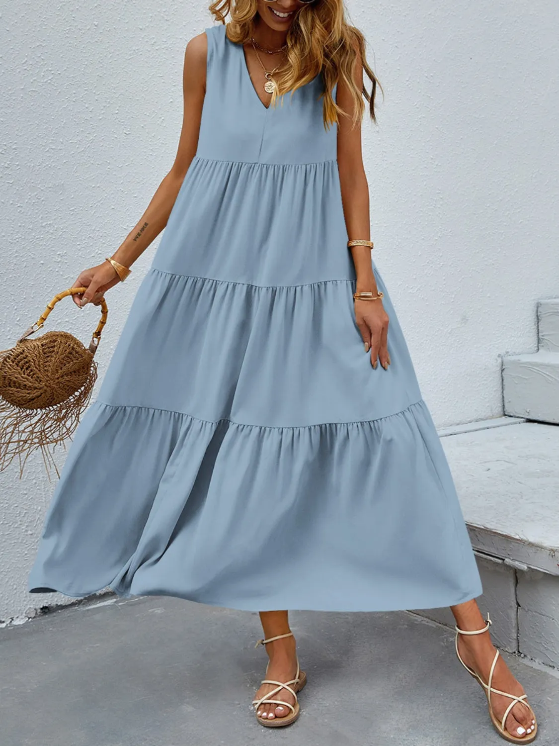 Arelly Tiered V-Neck Sleeve Dress