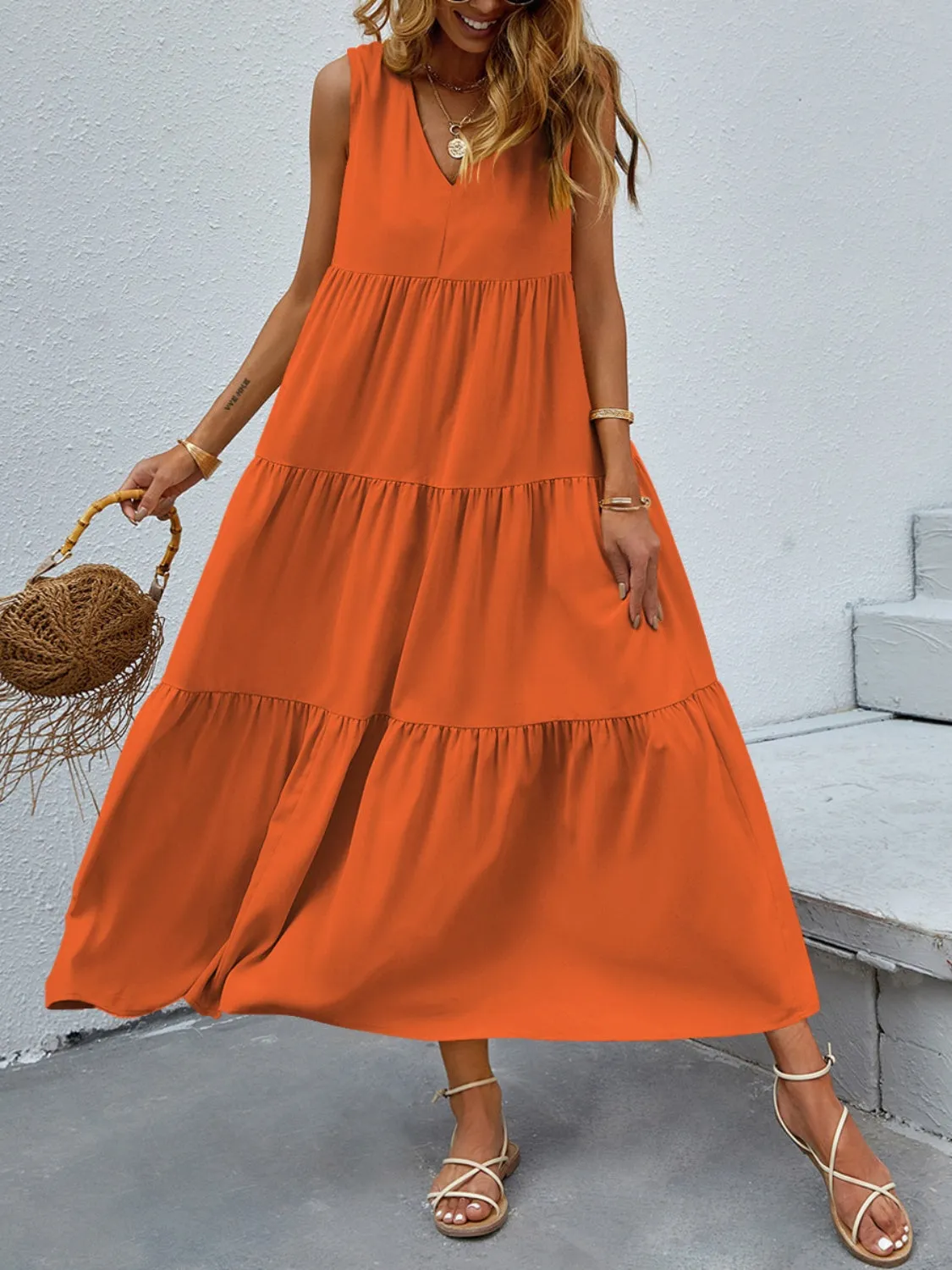Arelly Tiered V-Neck Sleeve Dress