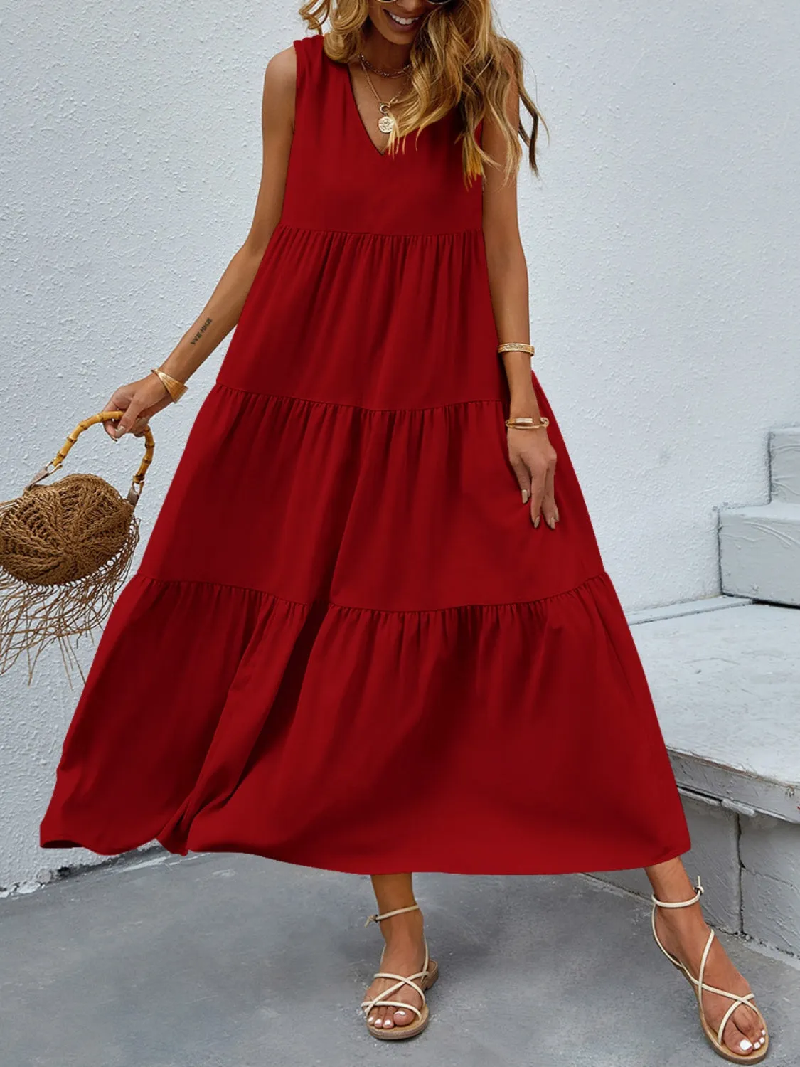 Arelly Tiered V-Neck Sleeve Dress