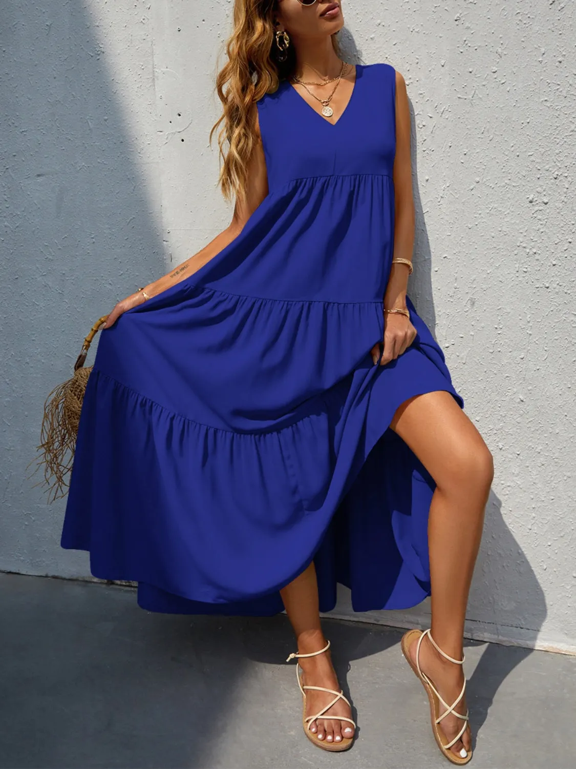 Arelly Tiered V-Neck Sleeve Dress