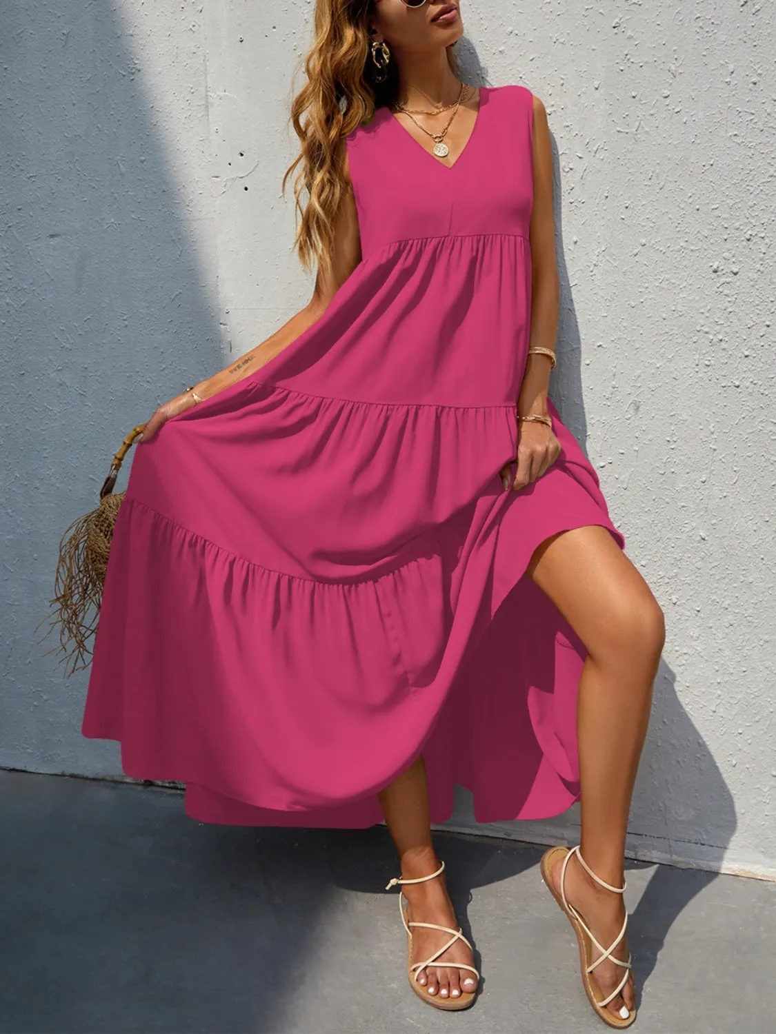 Arelly Tiered V-Neck Sleeve Dress