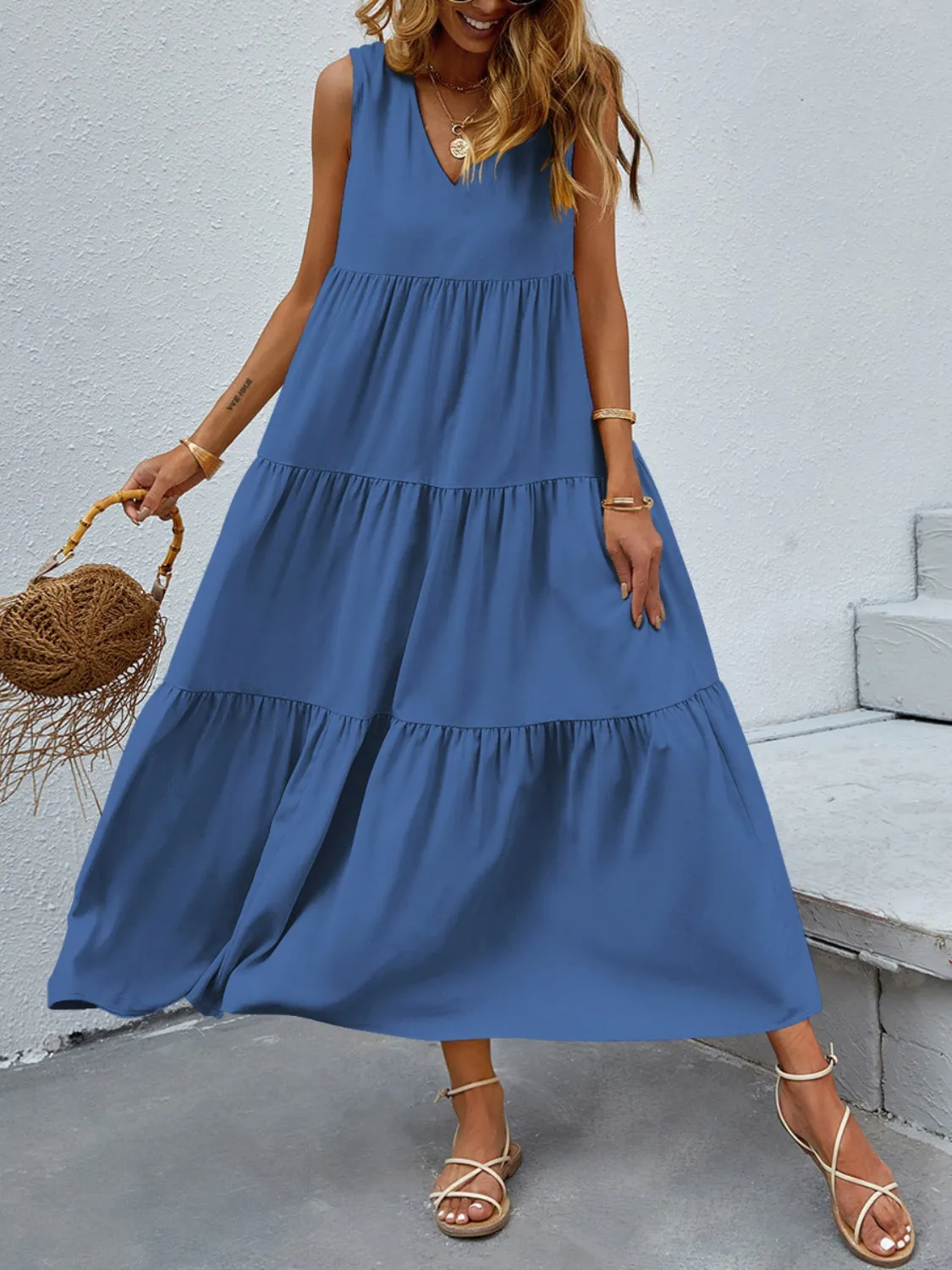 Arelly Tiered V-Neck Sleeve Dress