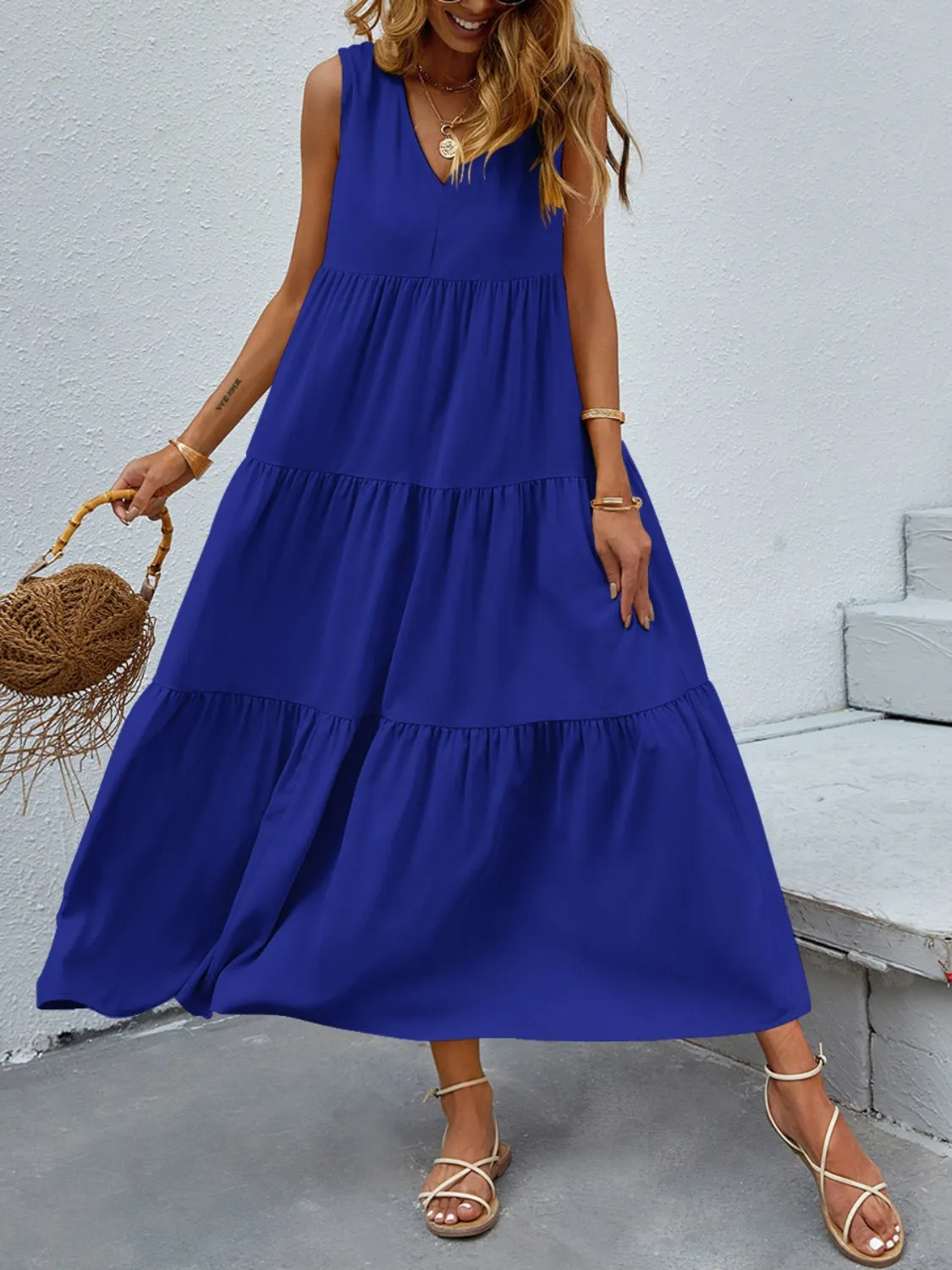 Arelly Tiered V-Neck Sleeve Dress