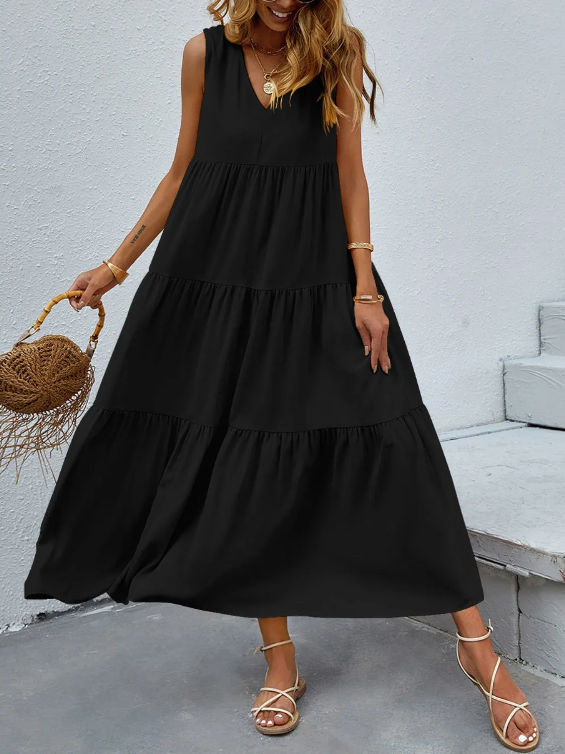 Arelly Tiered V-Neck Sleeve Dress