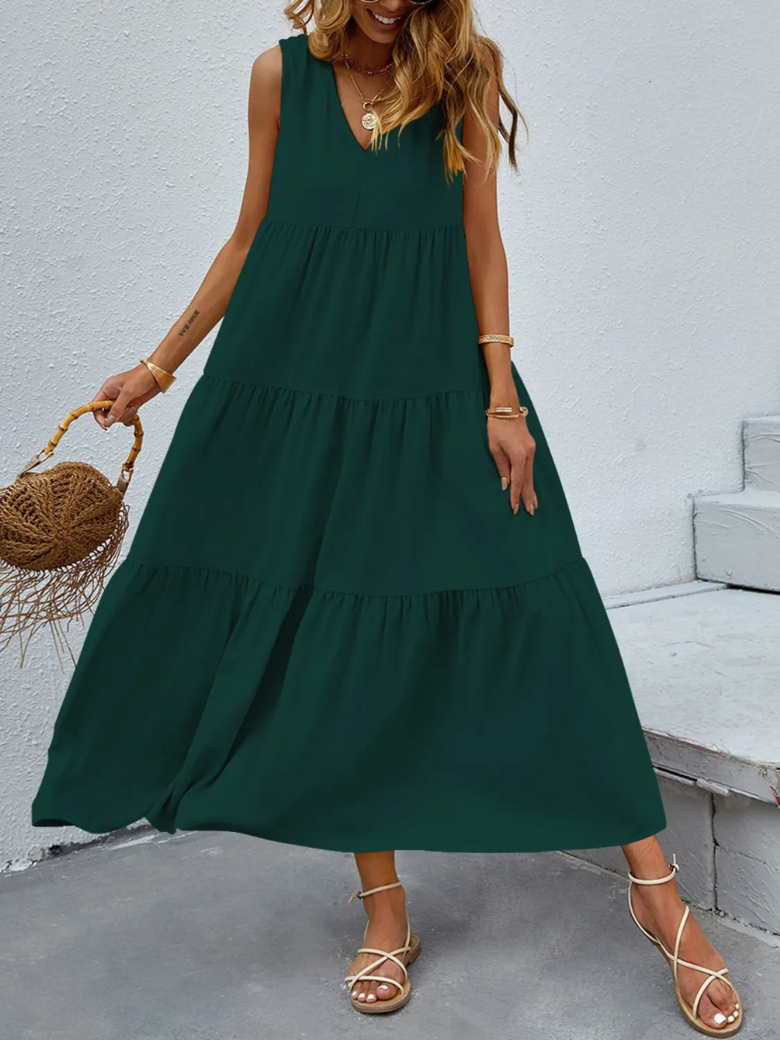 Arelly Tiered V-Neck Sleeve Dress