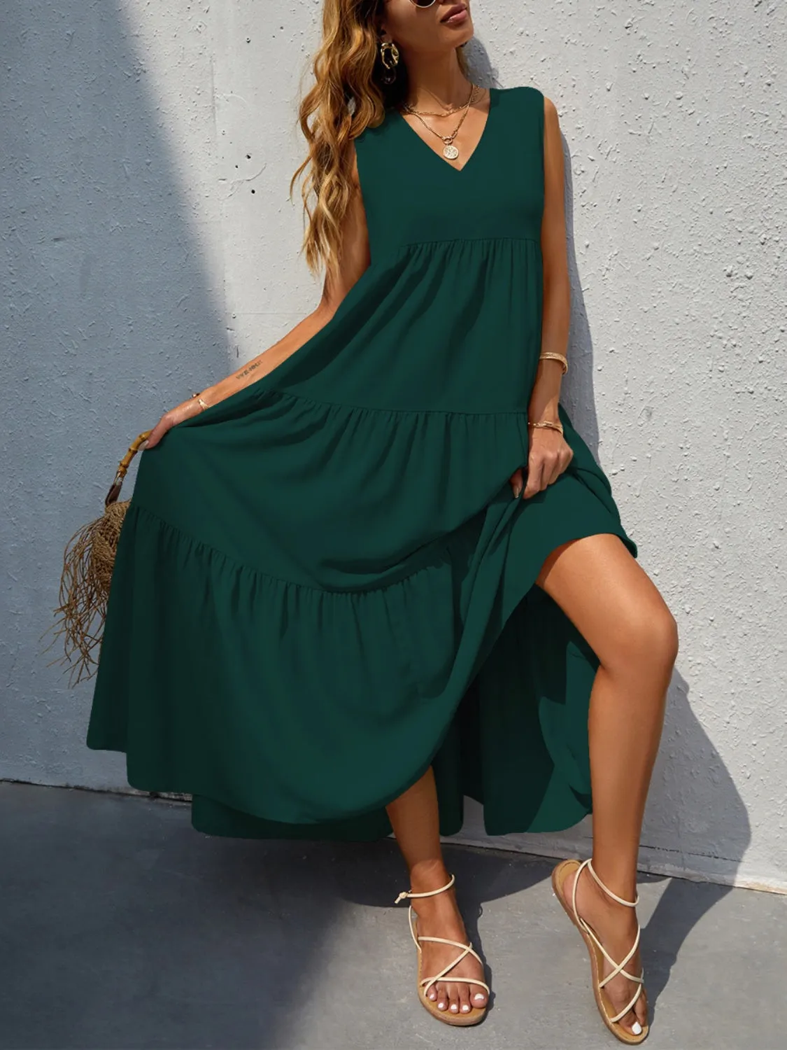 Arelly Tiered V-Neck Sleeve Dress