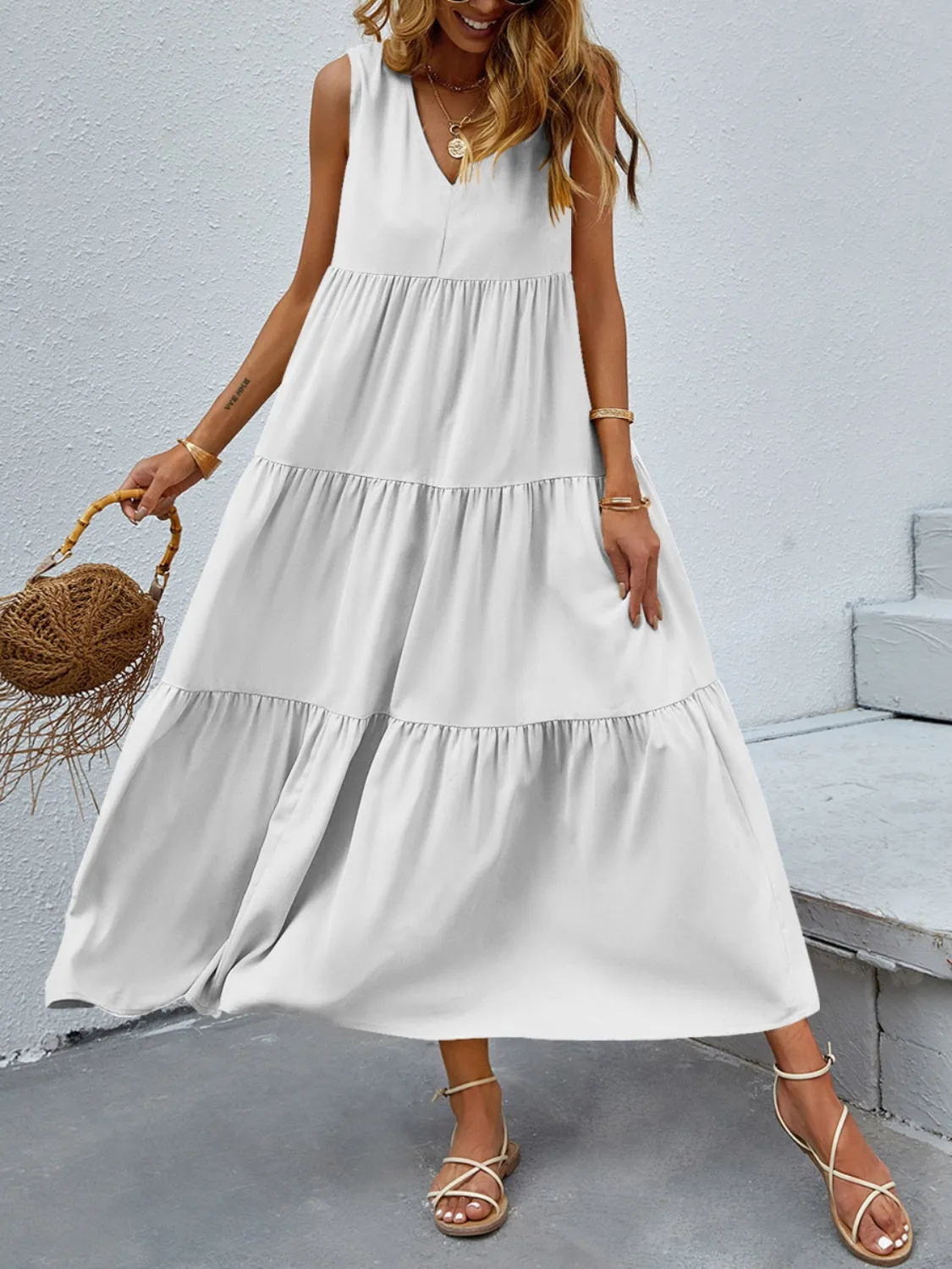 Arelly Tiered V-Neck Sleeve Dress