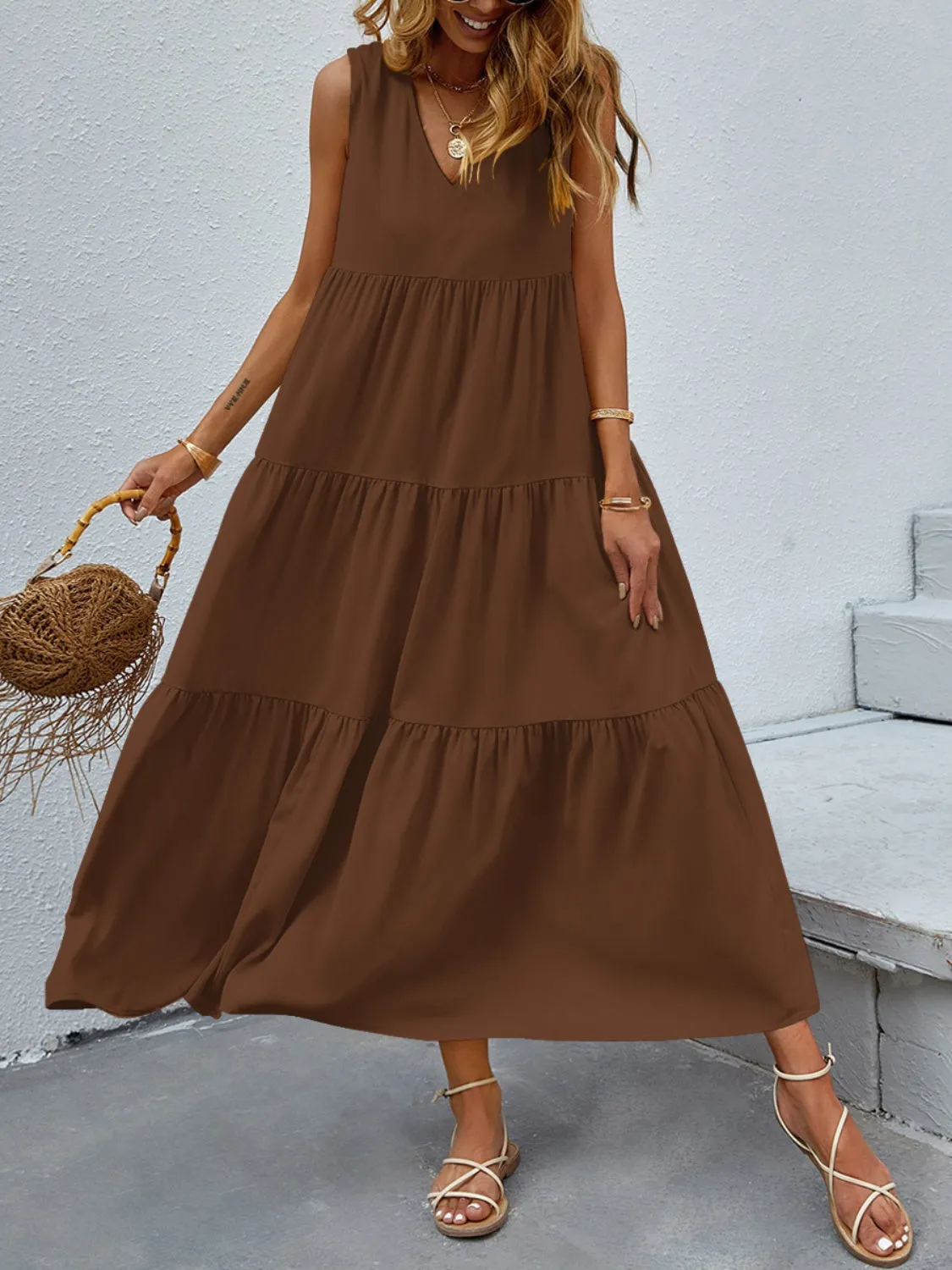Arelly Tiered V-Neck Sleeve Dress