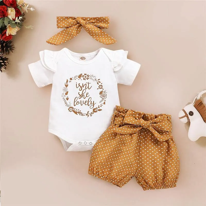 Baby Girl Romper, Dot Pants, headband 3-18 M