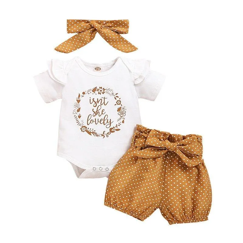 Baby Girl Romper, Dot Pants, headband 3-18 M