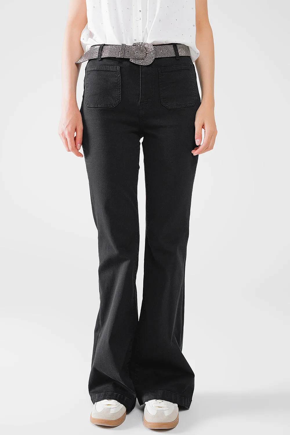 Black Skinny Flared Jeans With Front Pocket Detail