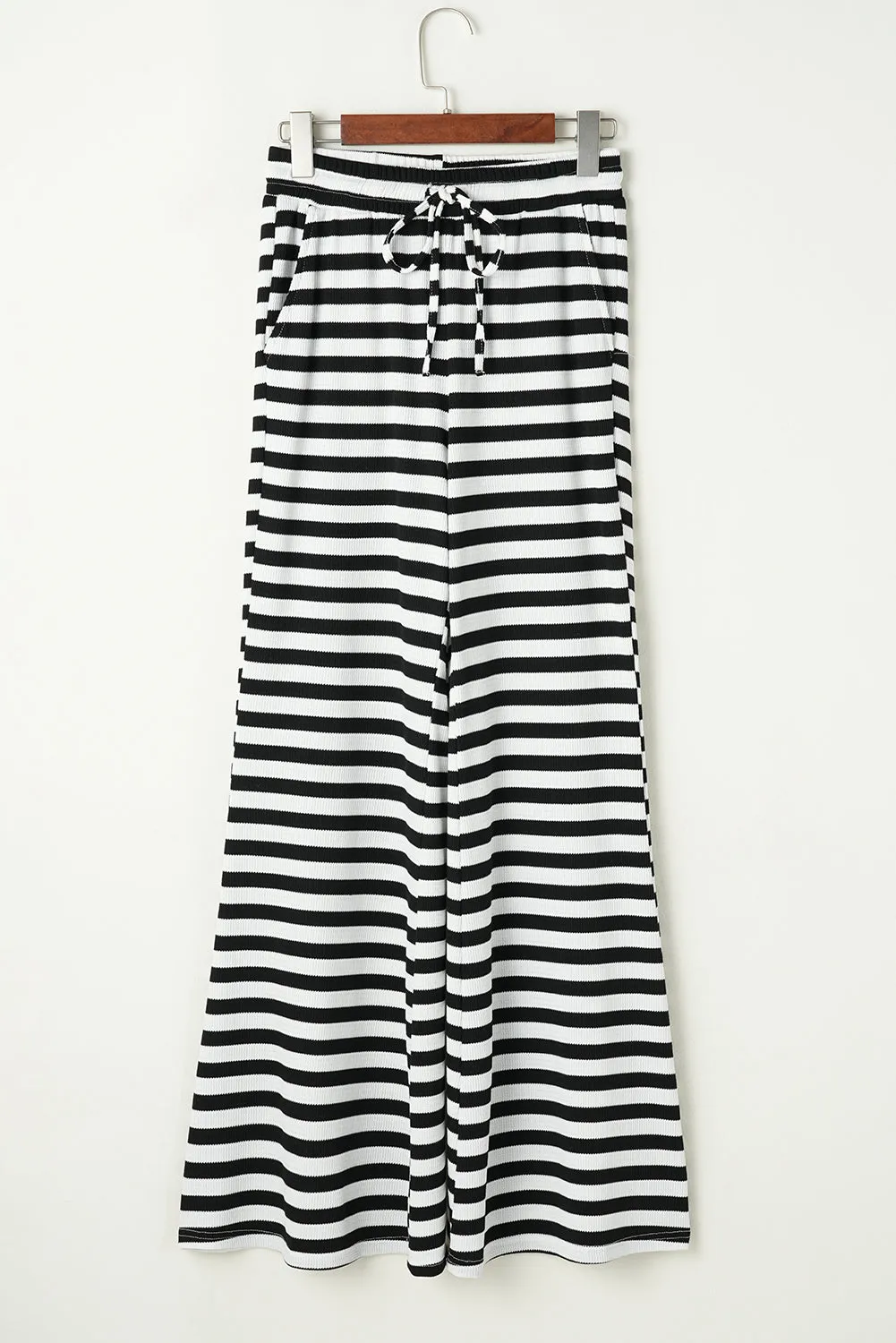 Black Stripe Lace-up Waist Casual Flared Pants