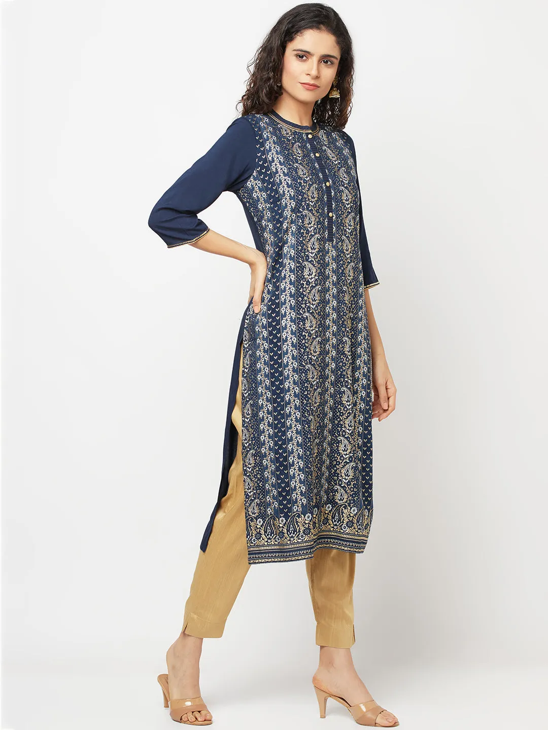 Blue Floral Printed LIVA kurta & Trousers Set