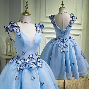 Blue Short Homecoming Dresses Flower Tulle dress for Graduation