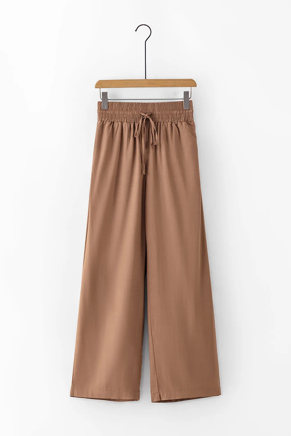 Brown Drawstring Elastic Waist Casual Wide Leg Pants