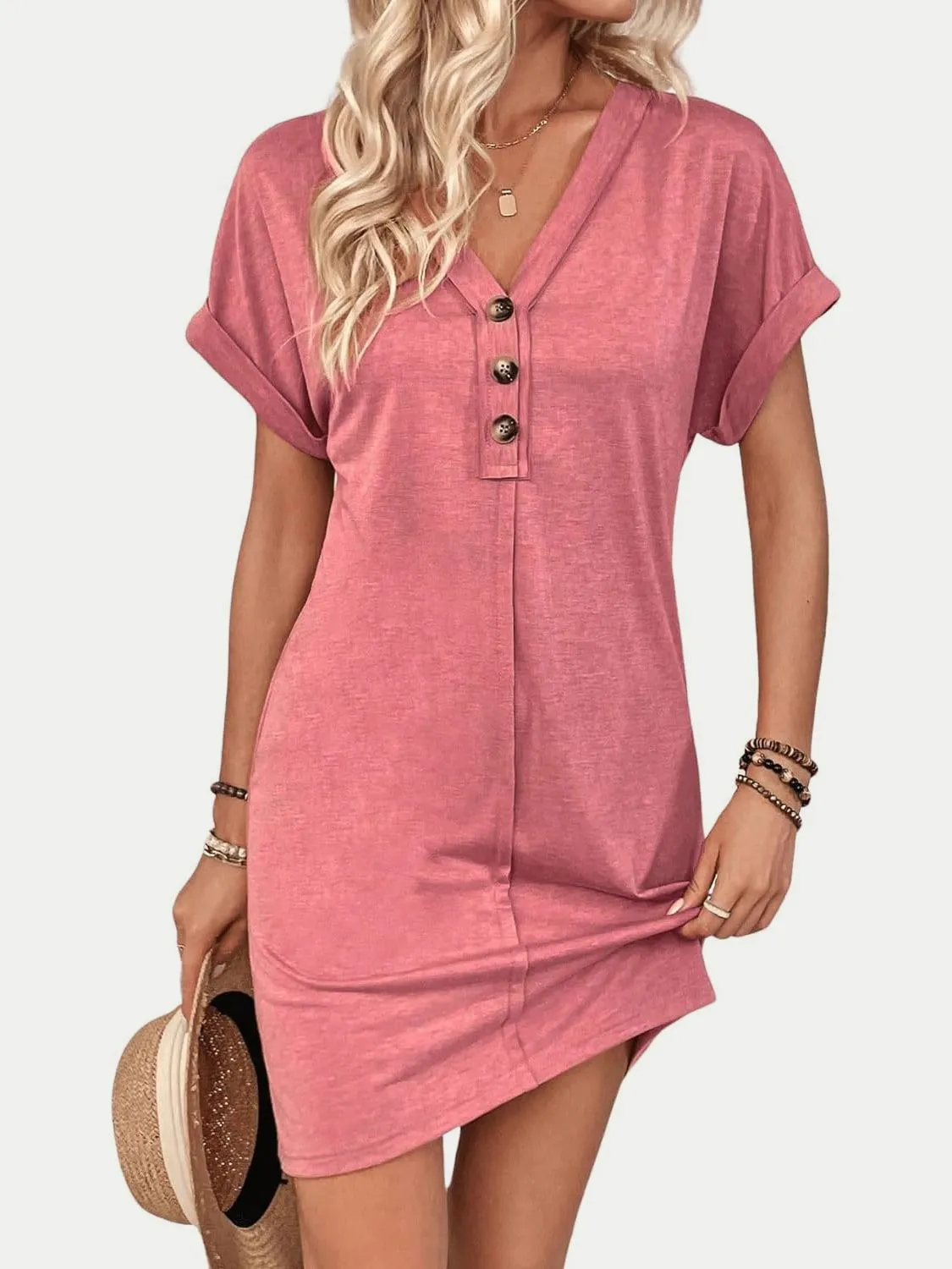 Button V-Neck Short Sleeve Dress