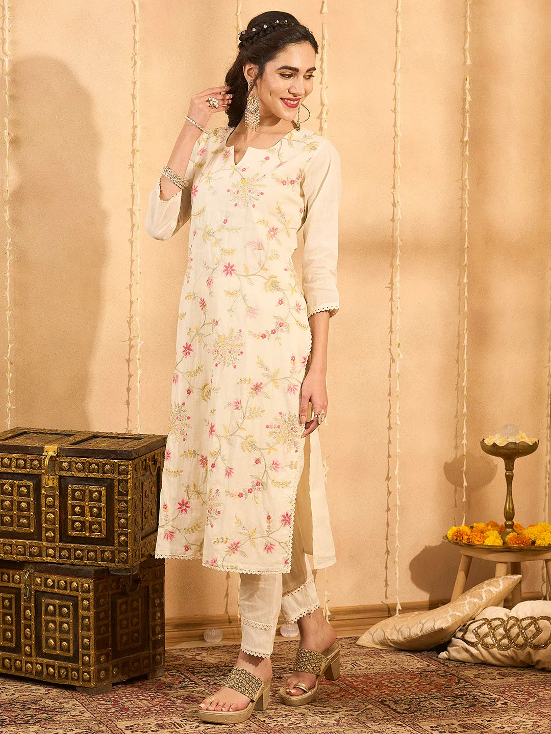 Buy Cream Comfort Fit Cotton Suit Set for Women Online - Zola
