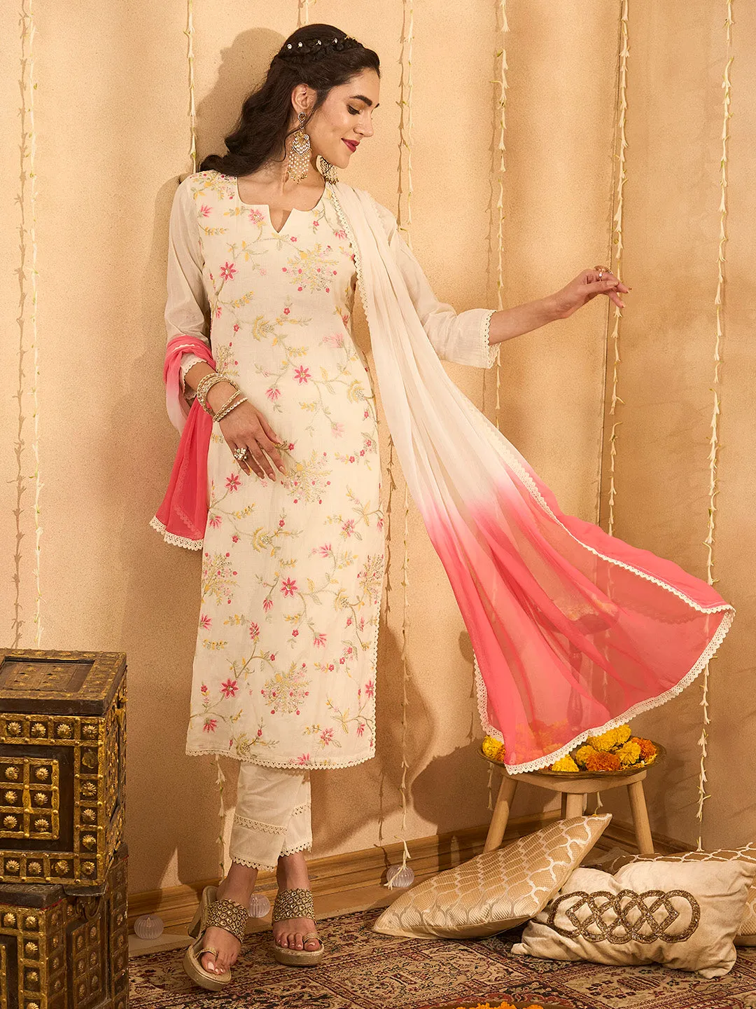 Buy Cream Comfort Fit Cotton Suit Set for Women Online - Zola