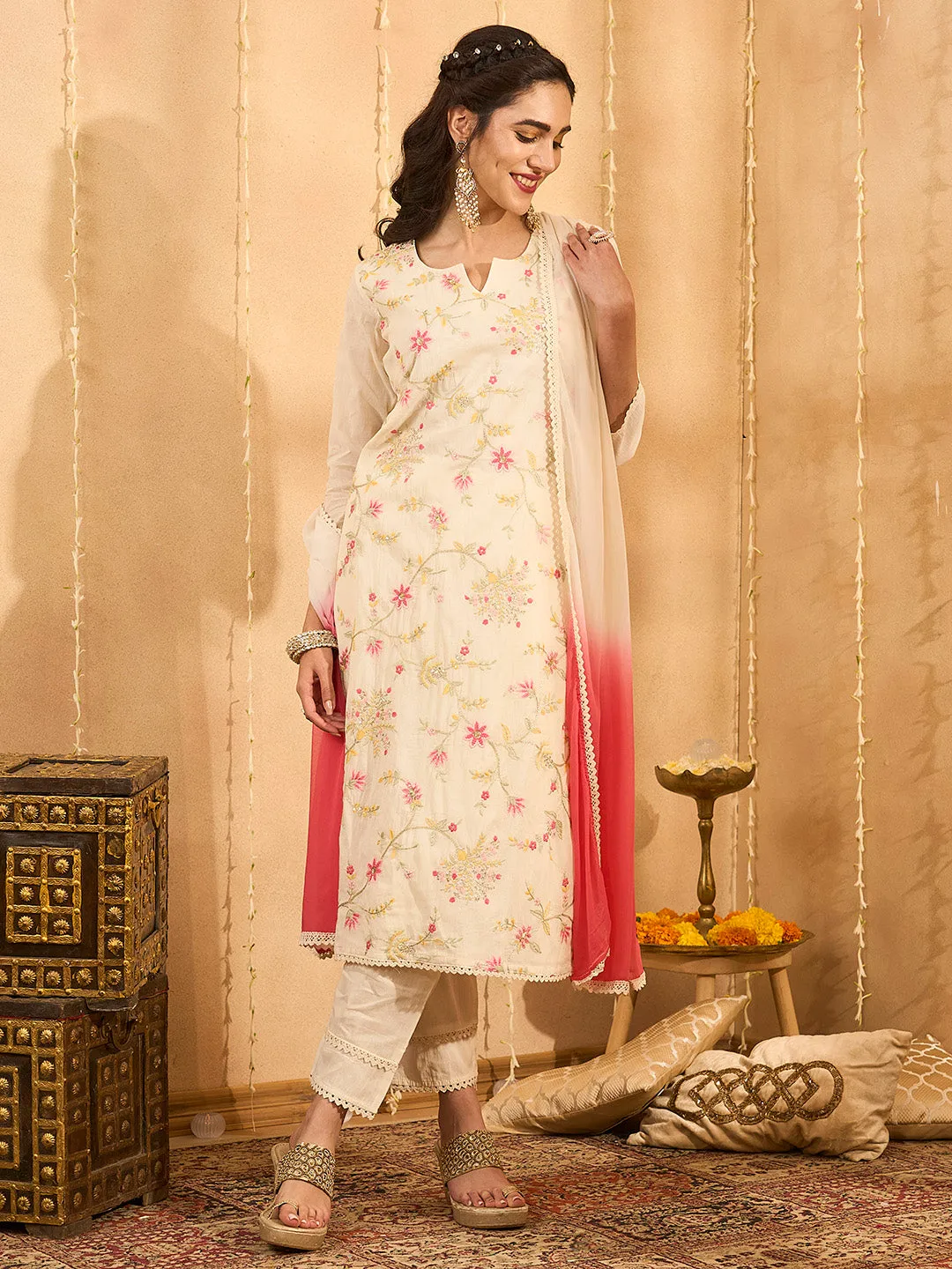 Buy Cream Comfort Fit Cotton Suit Set for Women Online - Zola