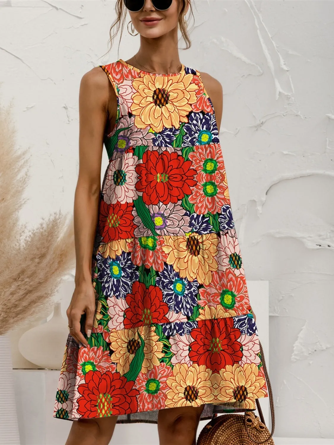 Candy Tiered Printed Round Neck Sleeveless Dress