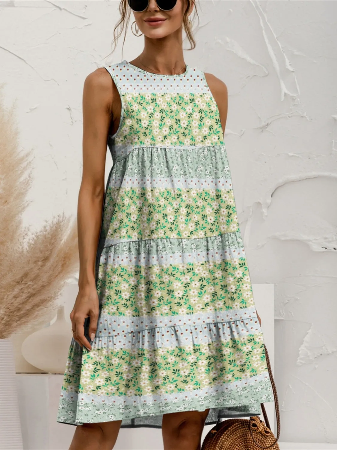 Candy Tiered Printed Round Neck Sleeveless Dress