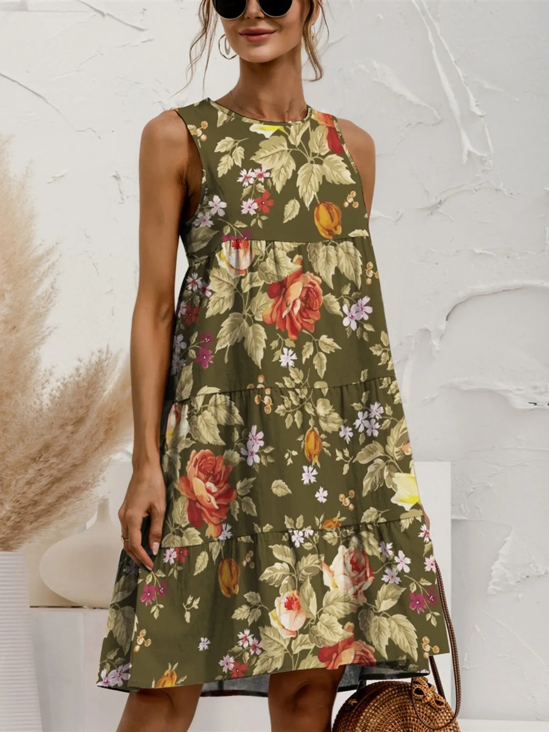Candy Tiered Printed Round Neck Sleeveless Dress