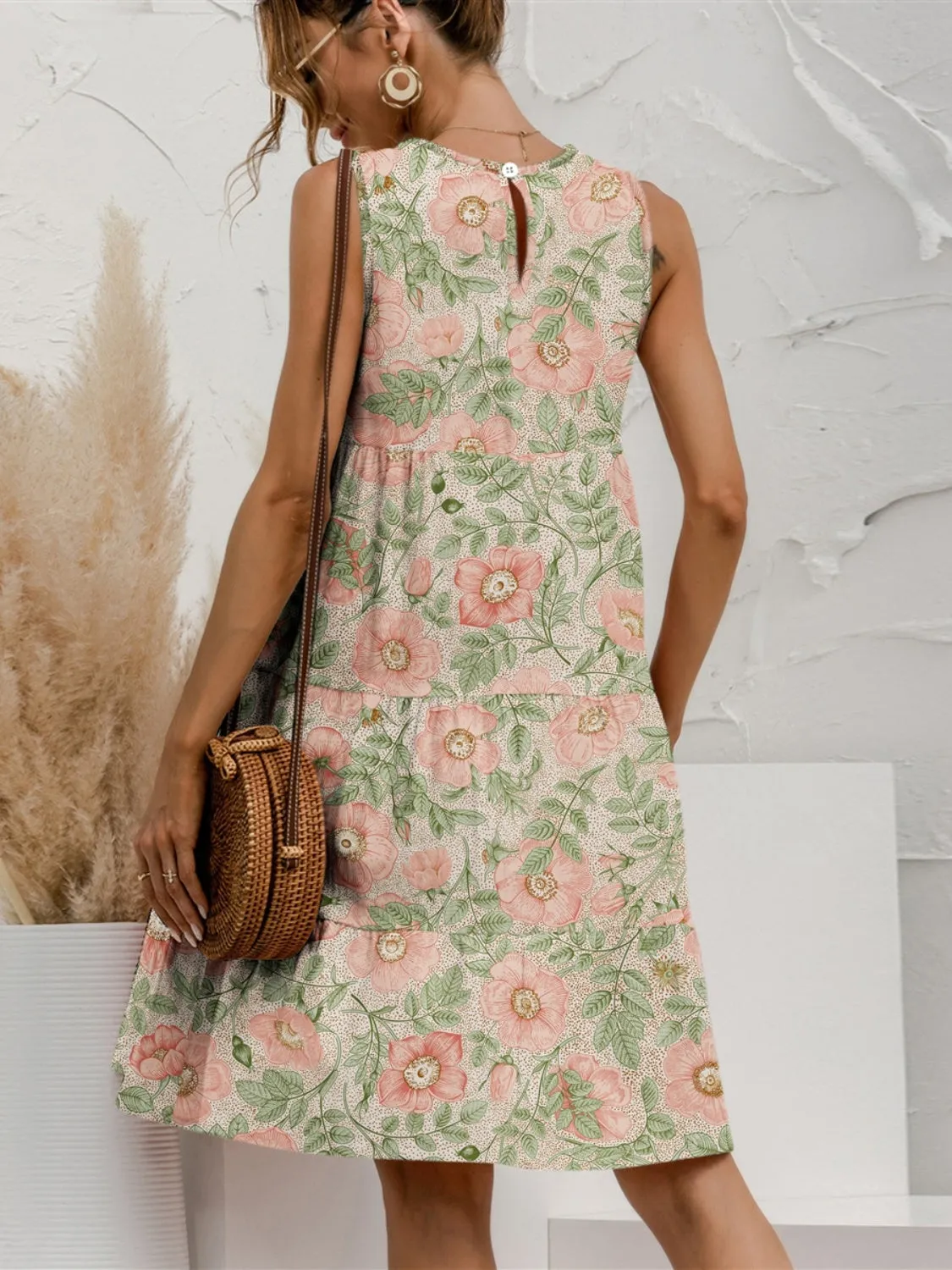Candy Tiered Printed Round Neck Sleeveless Dress