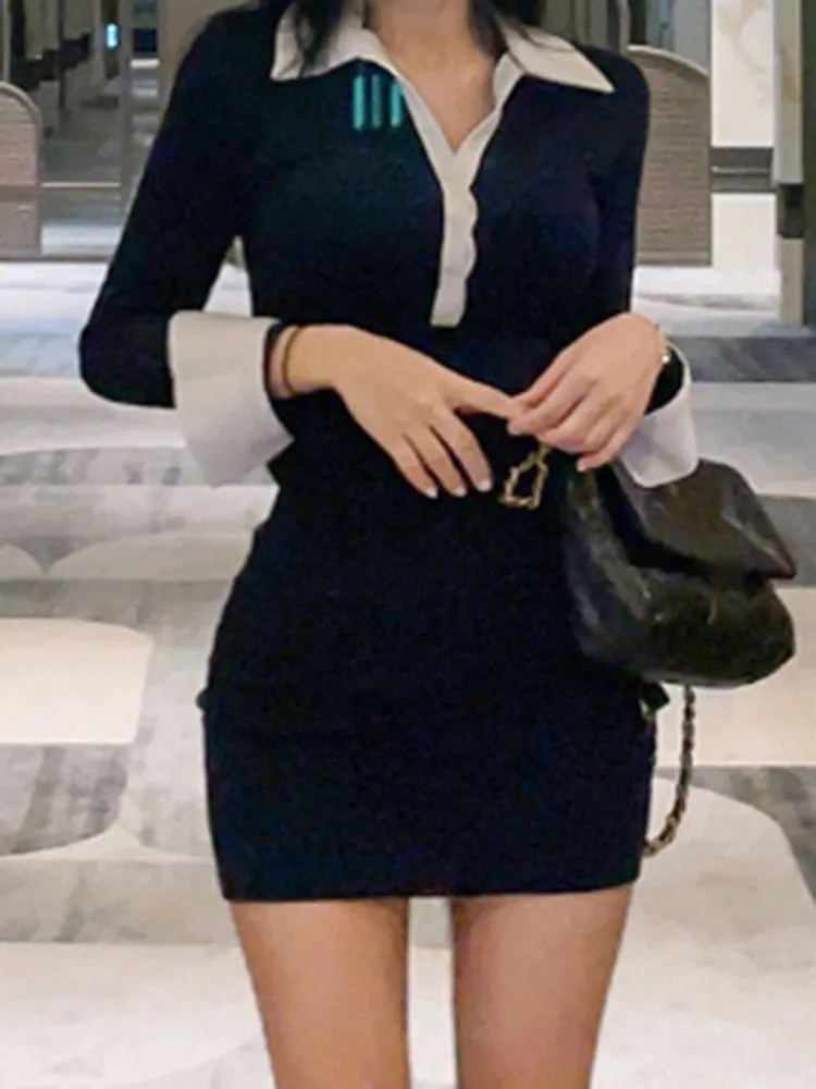 Casual Basic Patchwork Bodycon Long Sleeve Women Dresses Basic Korean Clothes Slim Turn-Down Collar Mini Dress Spring