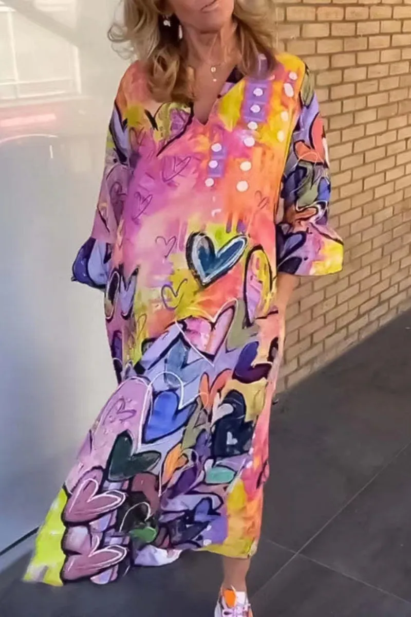 Casual Print Basic V Neck Long Sleeve Dresses