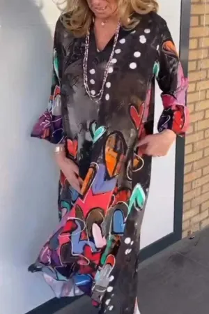 Casual Print Basic V Neck Long Sleeve Dresses