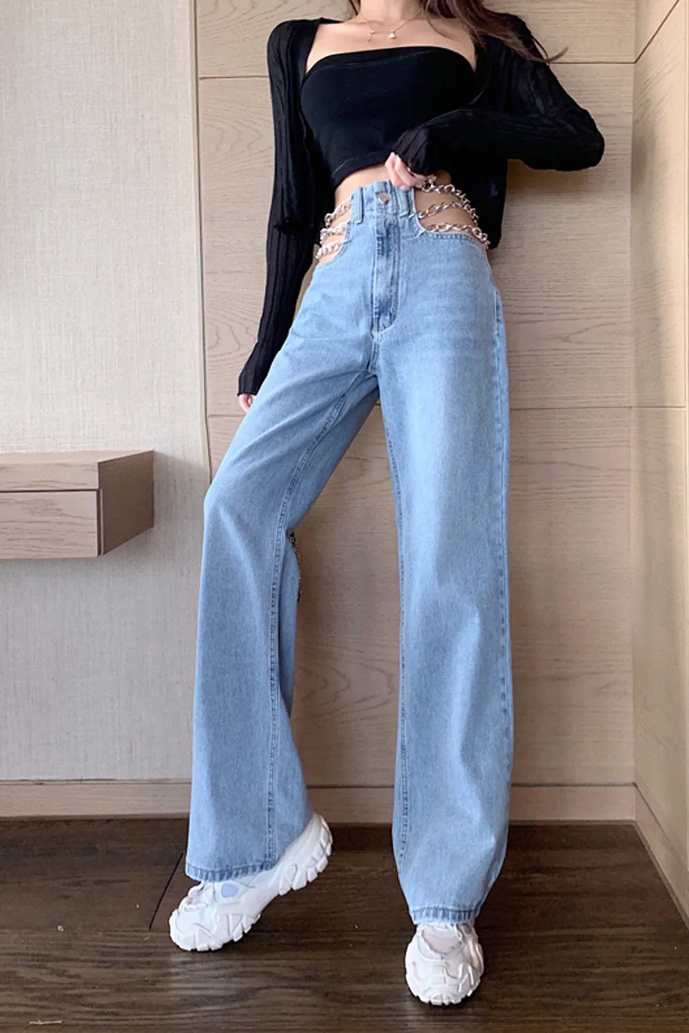 Chain Waist Casual Long Jeans Pants