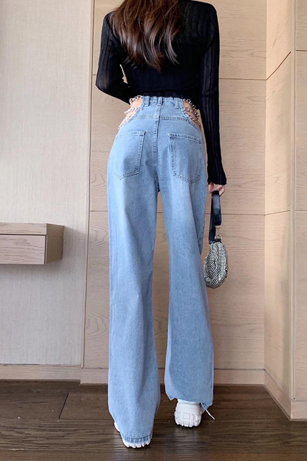 Chain Waist Casual Long Jeans Pants
