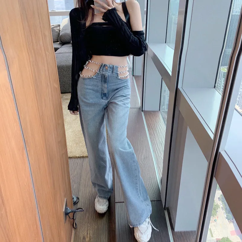 Chain Waist Casual Long Jeans Pants