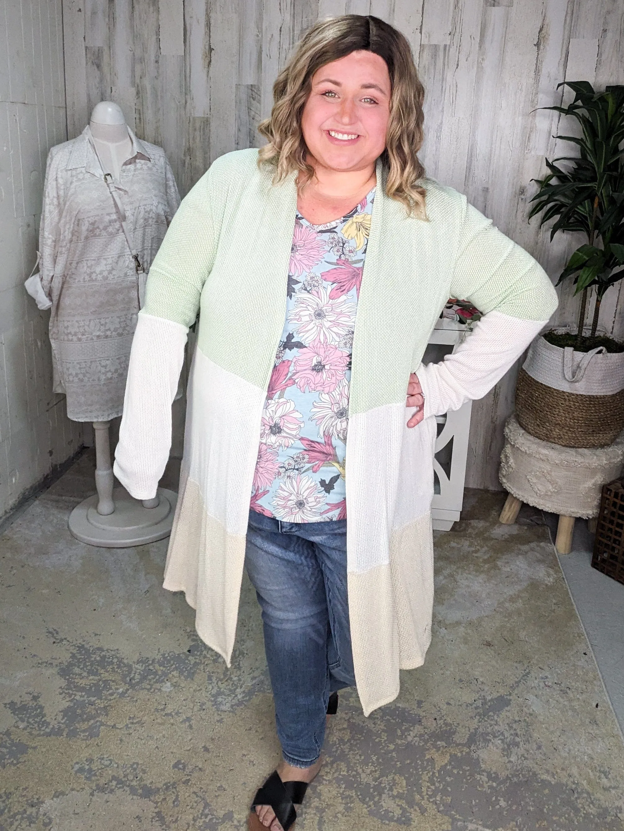 Channing Spring Weight Duster Cardi in Sage Neutrals