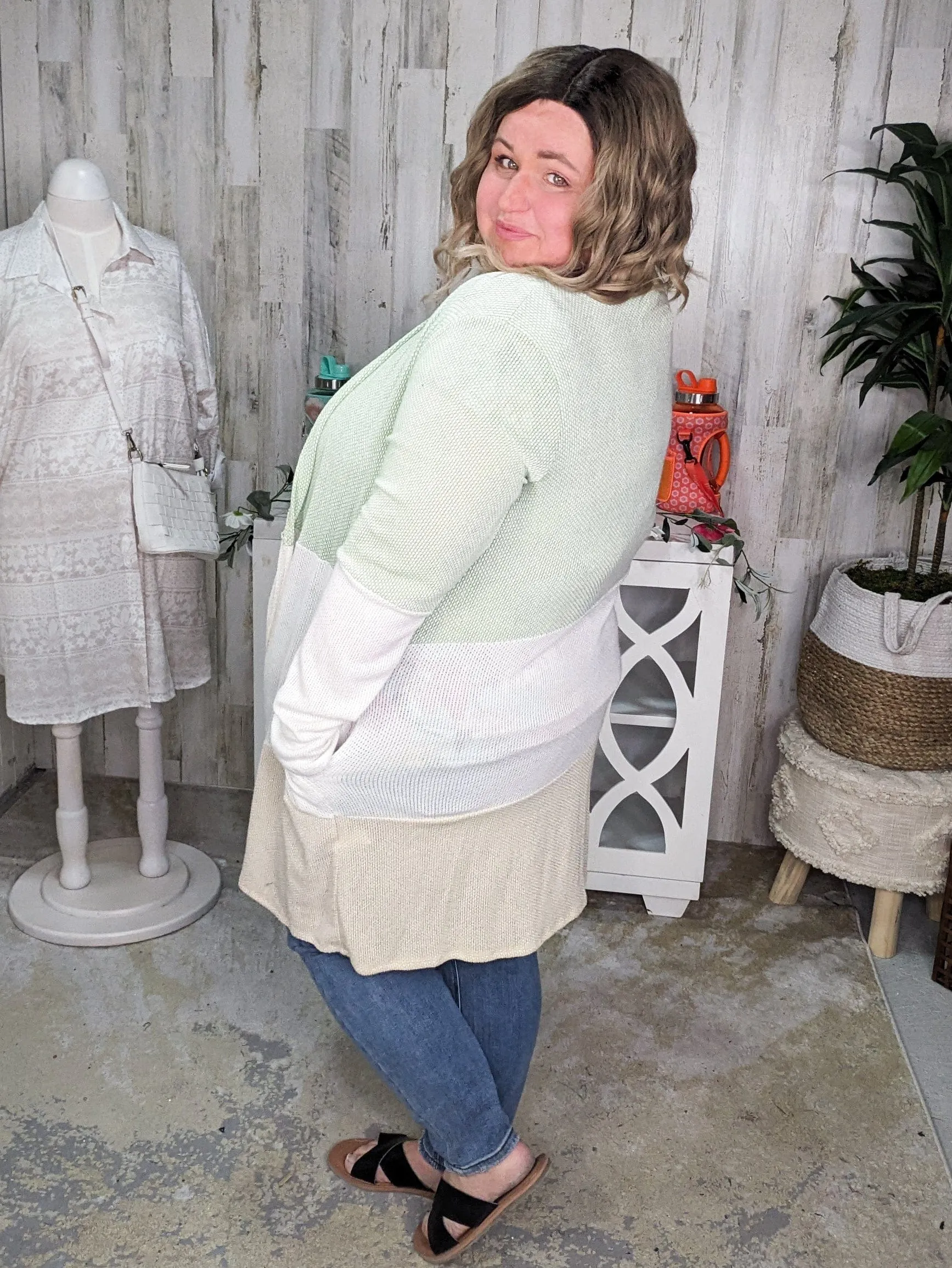 Channing Spring Weight Duster Cardi in Sage Neutrals
