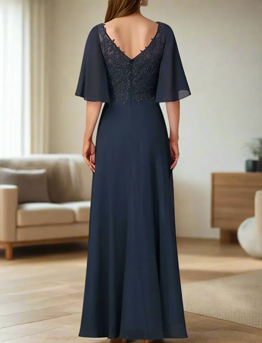 Chiffon Half Sleeve Appliques Dark Navy Mother of the Bride Dress