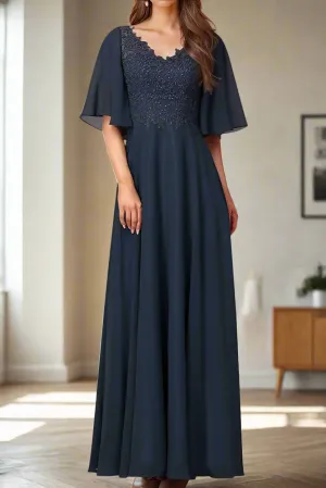 Chiffon Half Sleeve Appliques Dark Navy Mother of the Bride Dress