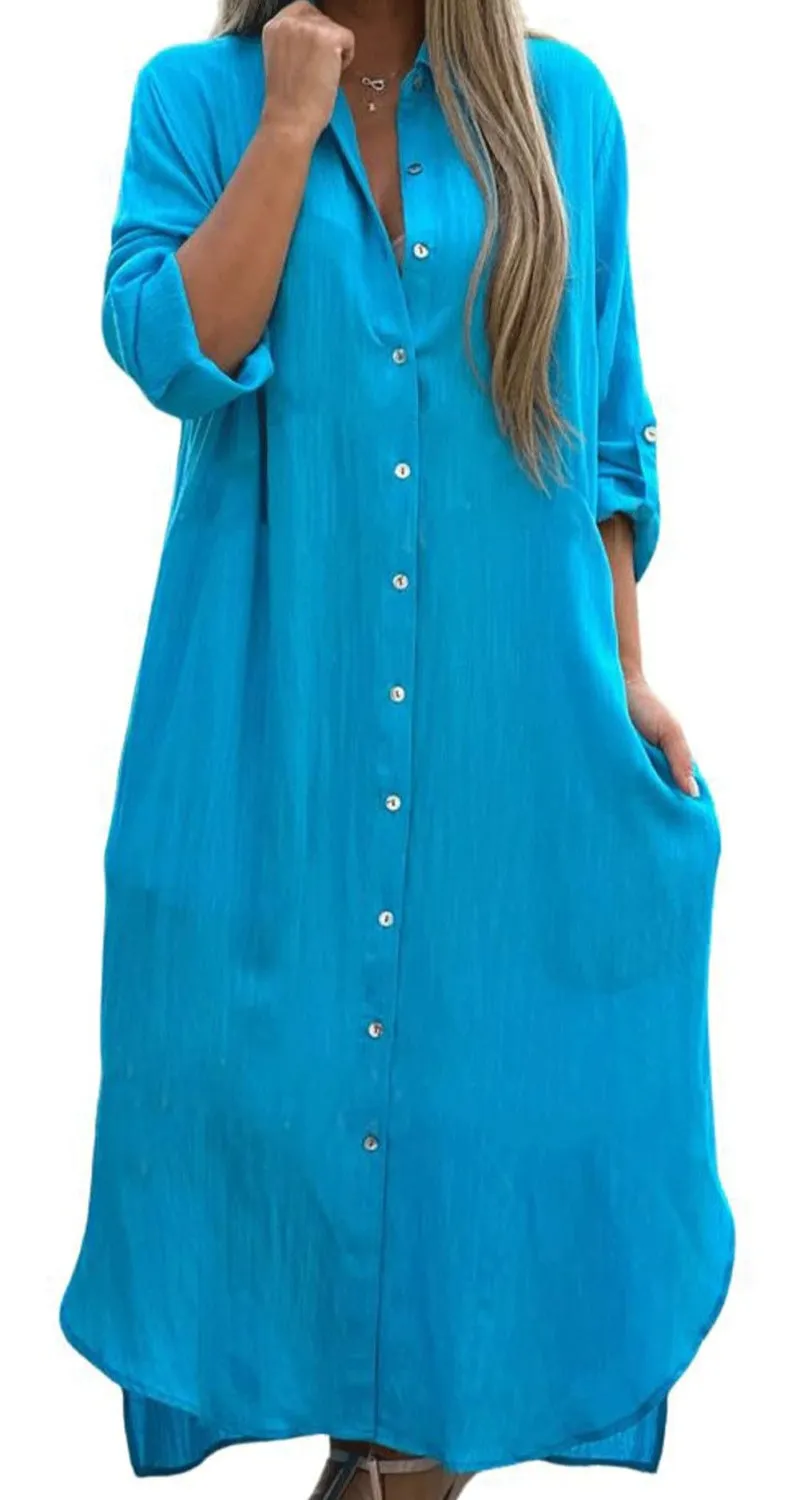 Chouyatou Summer Dresses for Women 2025 Casual Loose Split Long Sleeve Button Down Maxi Shirt Dress